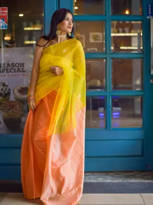 Peach & Yellow handloom Saree with blouse fabric