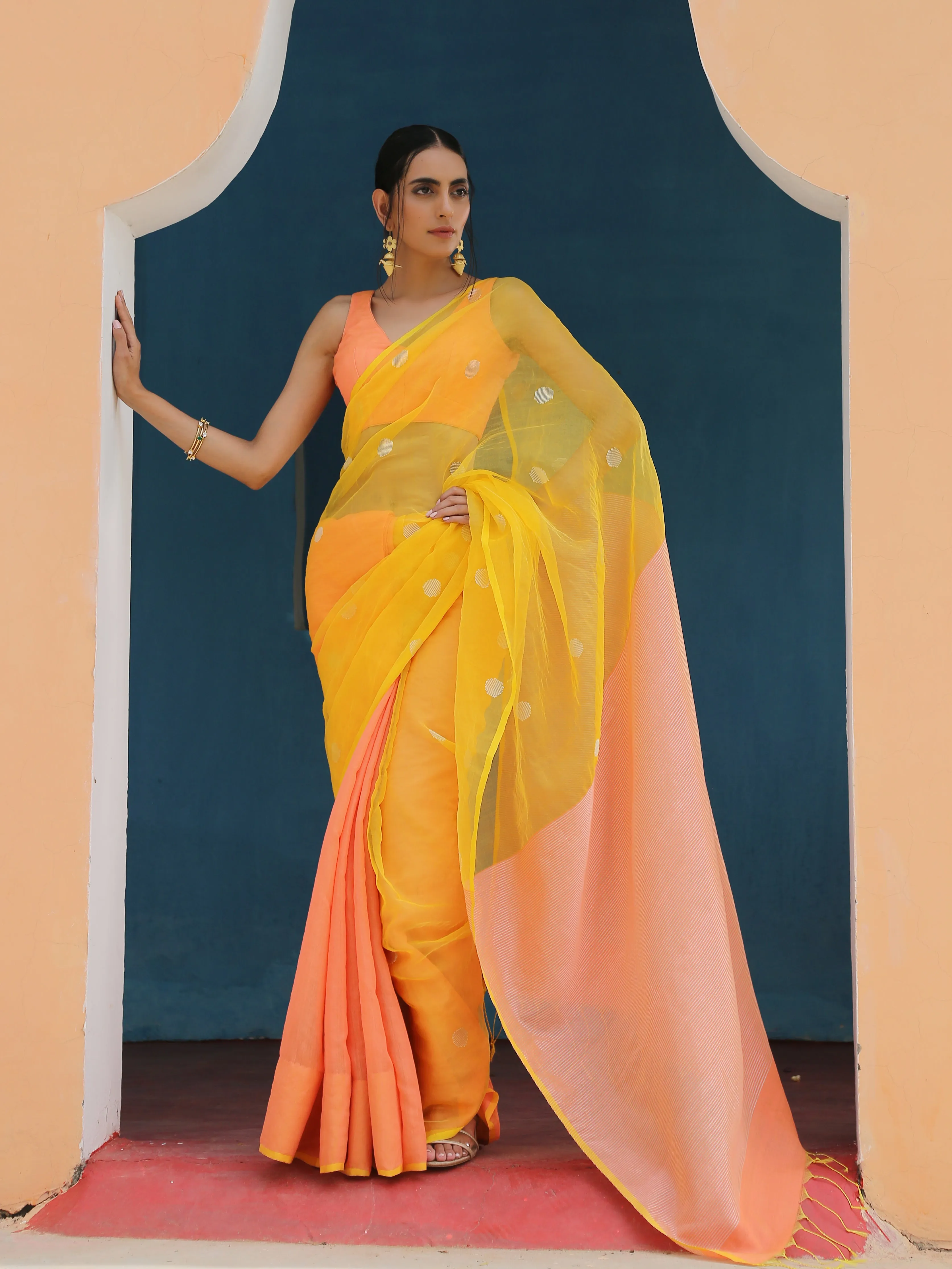 Peach & Yellow handloom Saree with blouse fabric