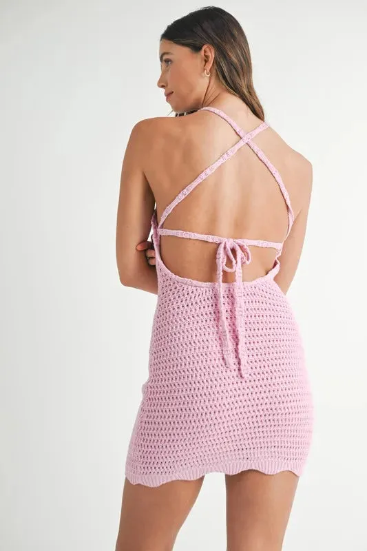 Pink Crochet Crisscross Spaghetti Strap Dress