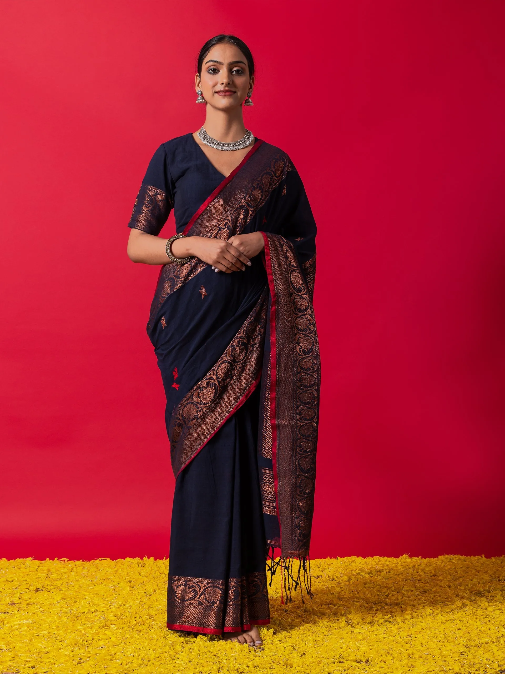 Pure Neelkanth Bronze Jamdani Cotton Saree with Blouse Fabric