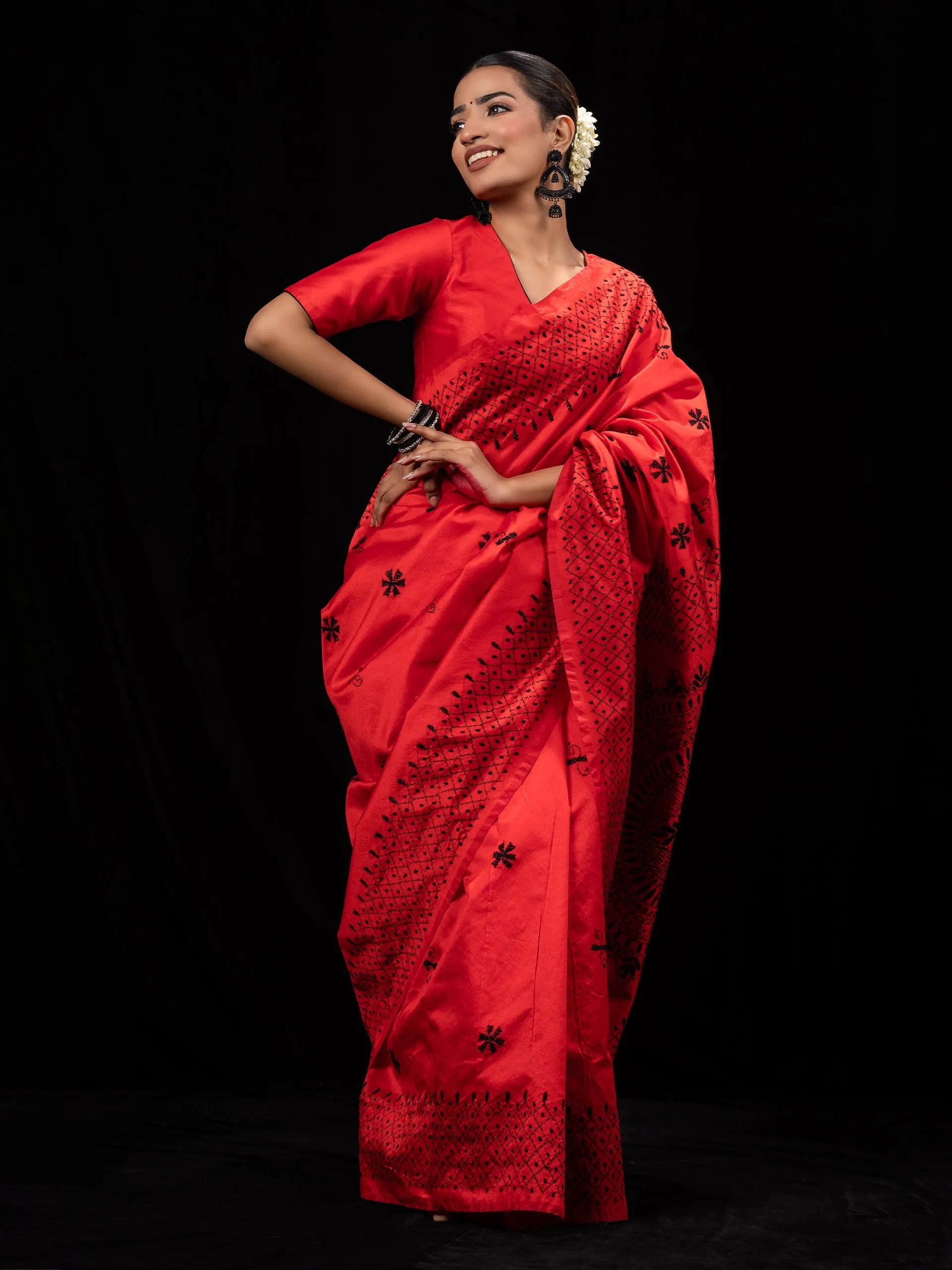 Red Cotton Saree with Black Hand Kantha stitch