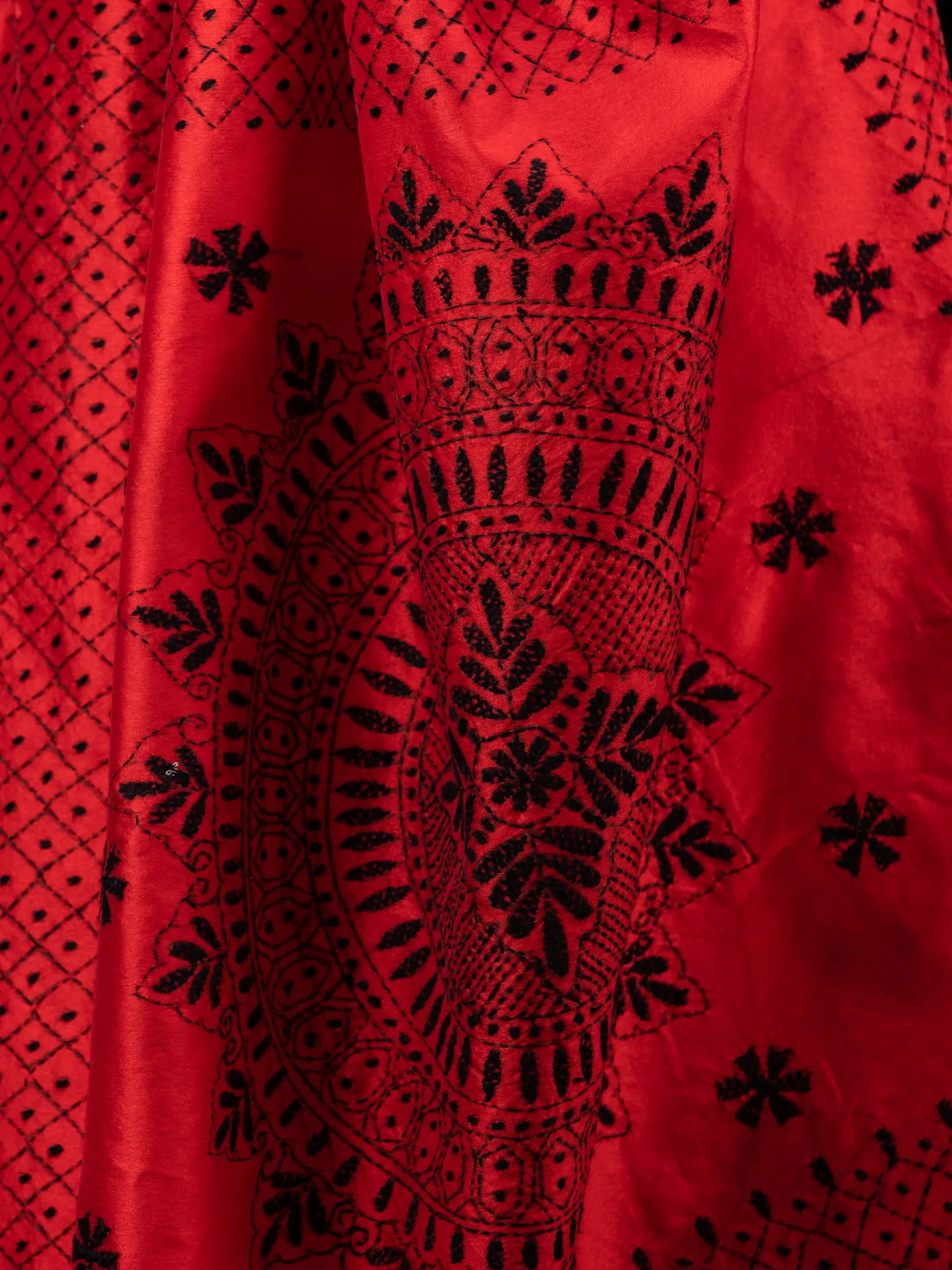 Red Cotton Saree with Black Hand Kantha stitch