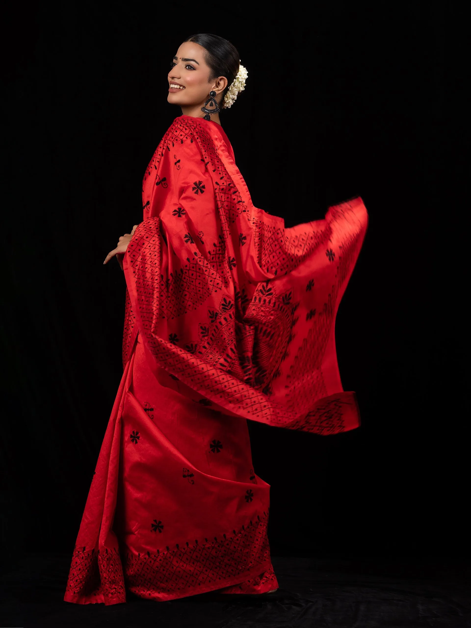Red Cotton Saree with Black Hand Kantha stitch