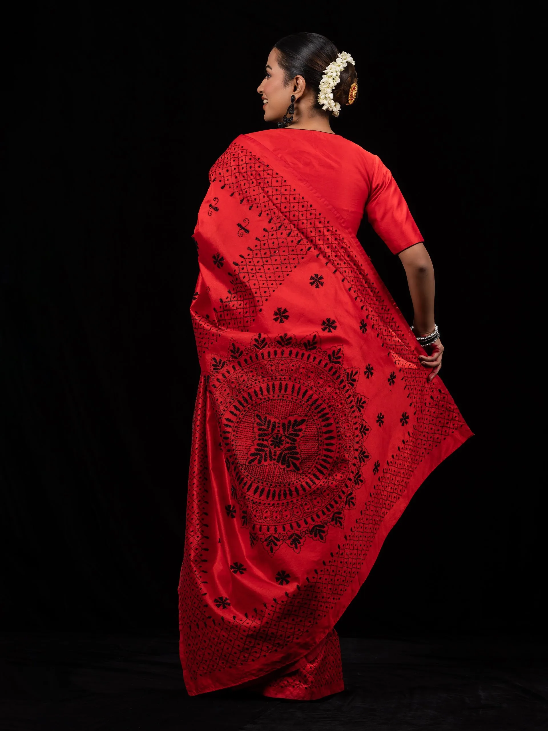 Red Cotton Saree with Black Hand Kantha stitch