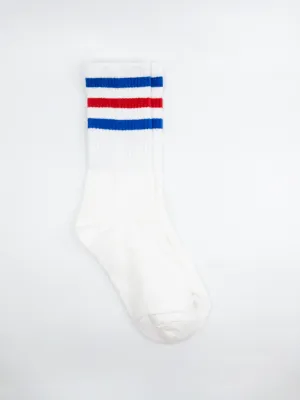 Retro Striped Socks | White, Red, Blue Stripes | One Size (Big kids & Women)