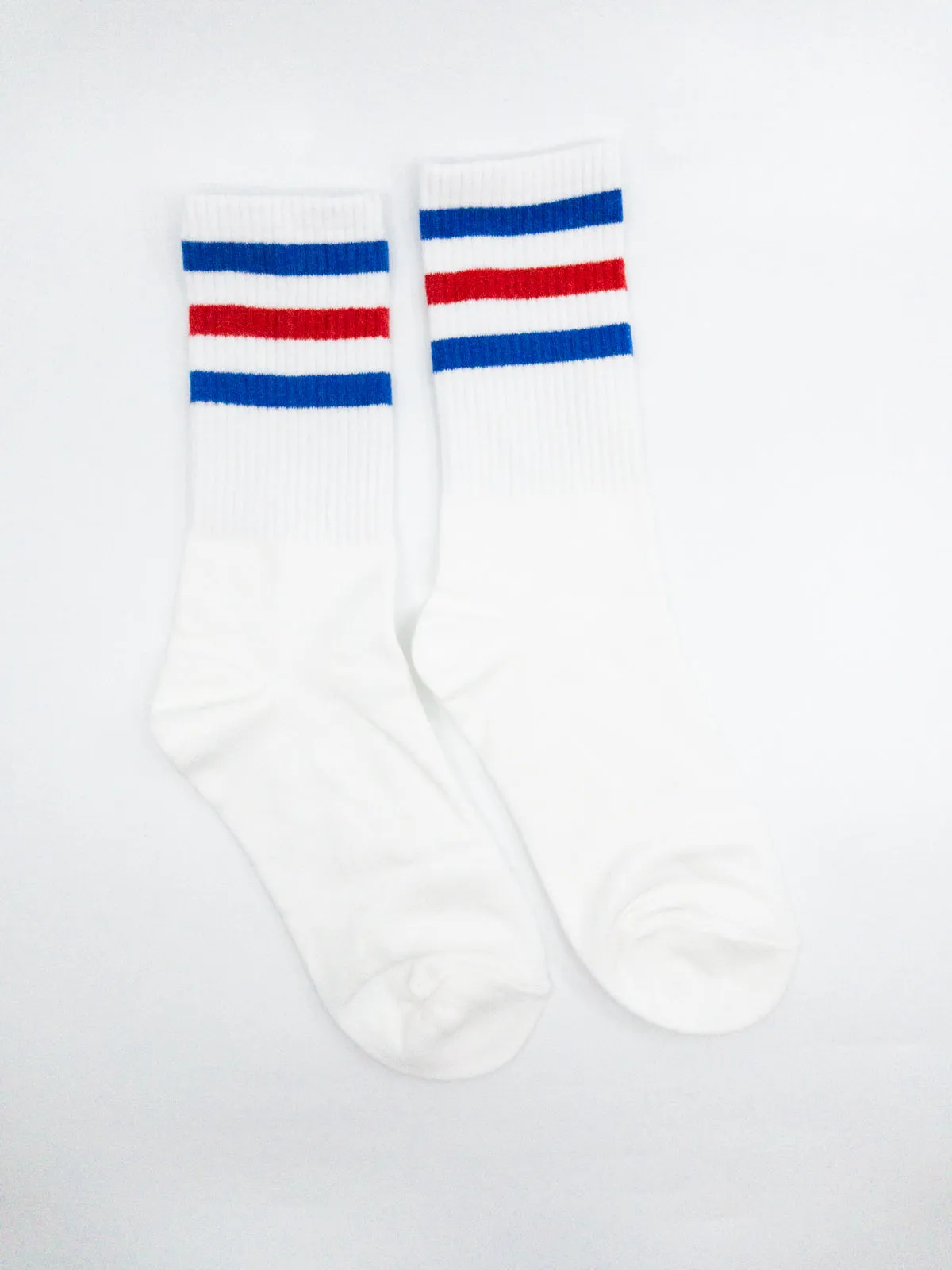 Retro Striped Socks | White, Red, Blue Stripes | One Size (Big kids & Women)