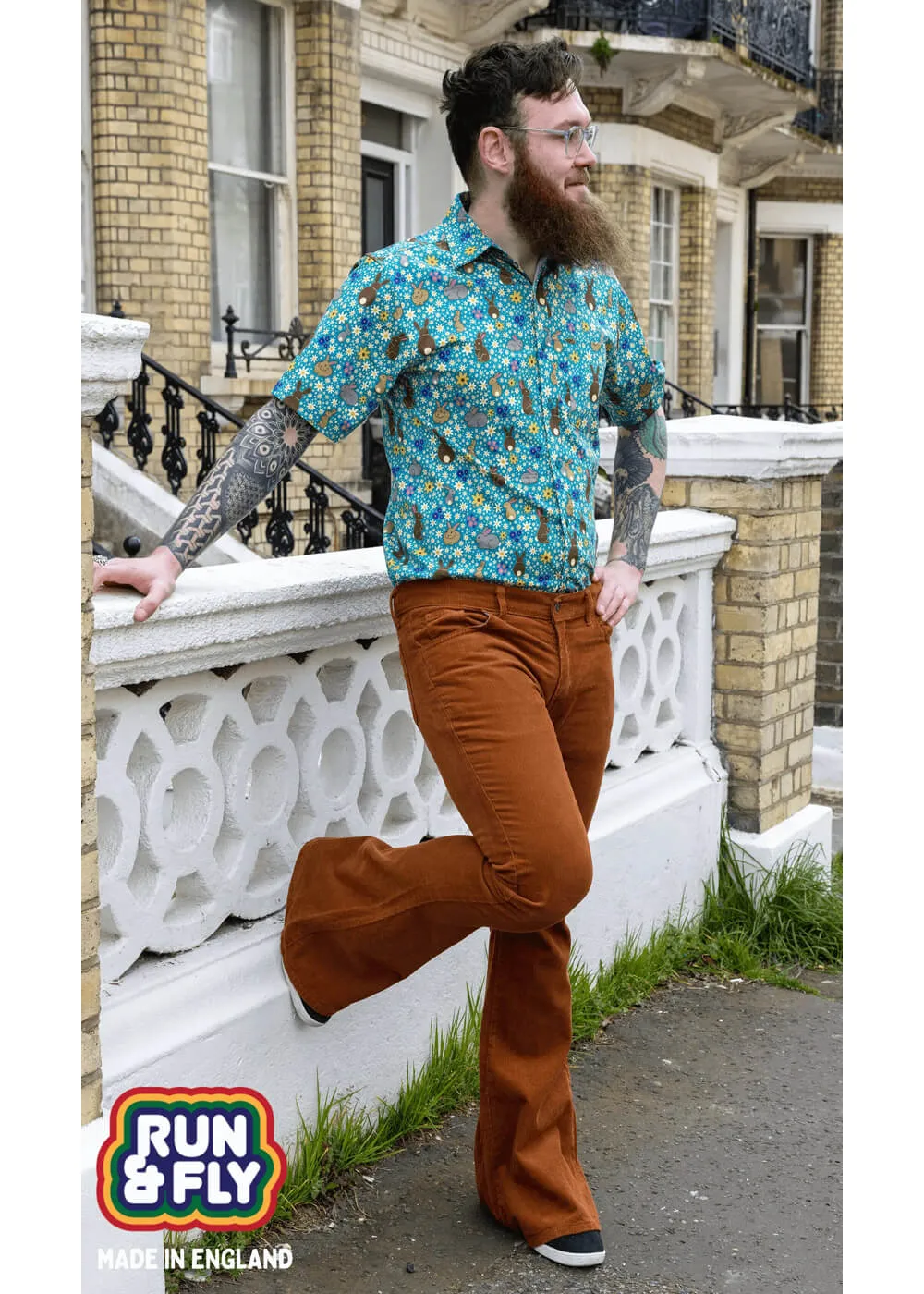 Run & Fly Mens Originals Corduroy Bootcut 70's Flare Trousers Tobacco