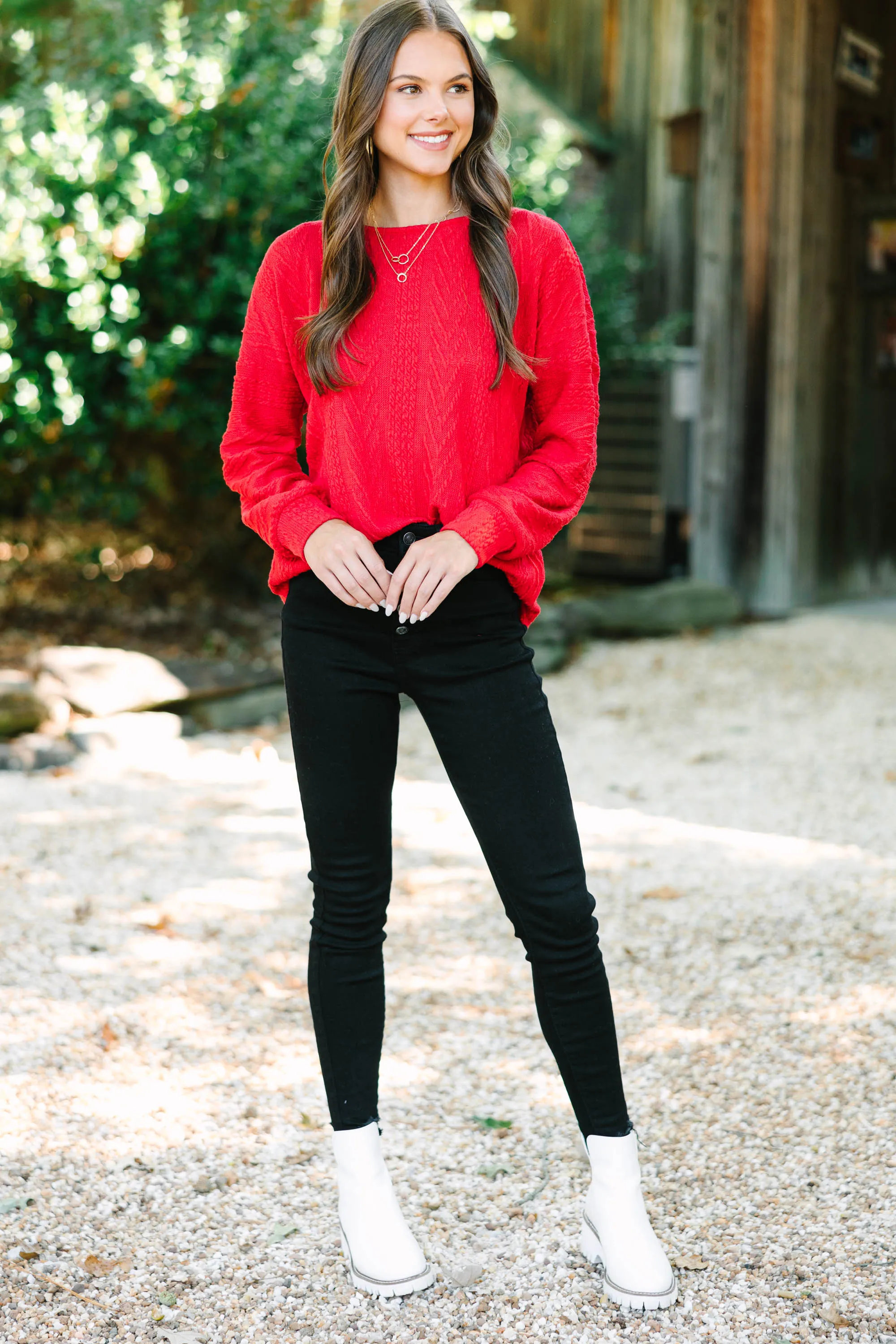 The Slouchy Red Cable Knit Top