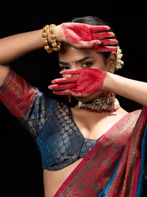 Vintage Opulence Blue & Red Silk Blend Saree with Blouse Fabric